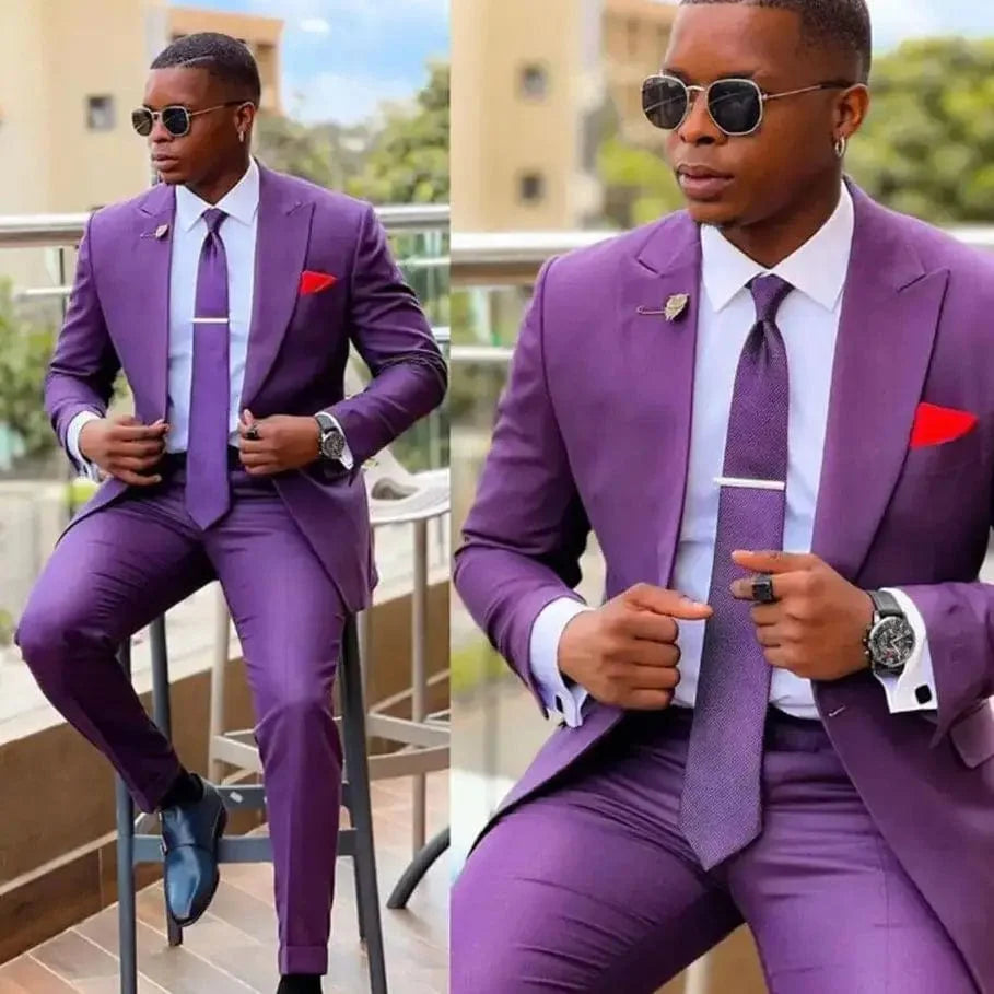 SHOWLU men's slim fit two-piece suit with single-breasted wool blend tuxedo jacket and matching pants, stylish and high-quality.