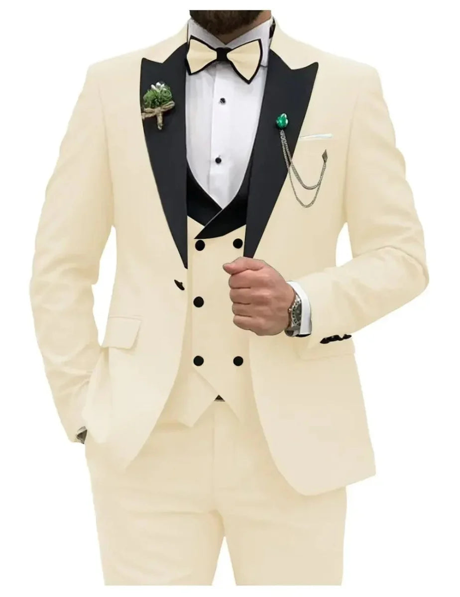 Men's slim fit 3-piece wedding tuxedo by SHOWLU FASHION STORE, featuring a double-breasted blazer, vest, and matching pants.