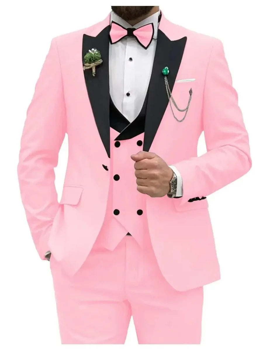 Men's slim fit 3-piece wedding tuxedo by SHOWLU FASHION STORE featuring a double-breasted blazer, vest, and matching pants.