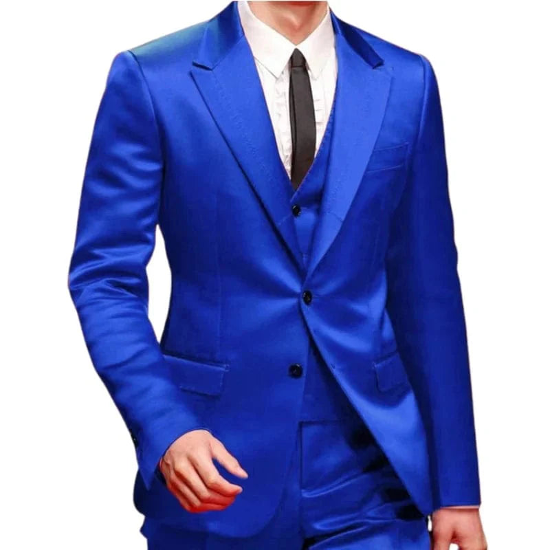 Royal blue slim fit 3-piece men's tuxedo suit for wedding or prom, featuring satin jacket, waistcoat, and matching pants.