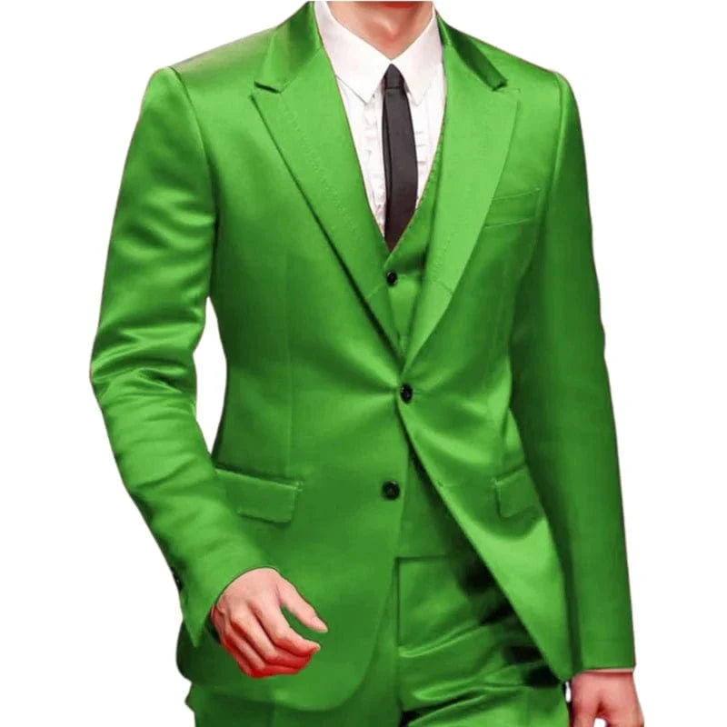 Royal blue slim fit 3-piece men's tuxedo suit with satin lapels, jacket, waistcoat, and pants, ideal for weddings and proms.
