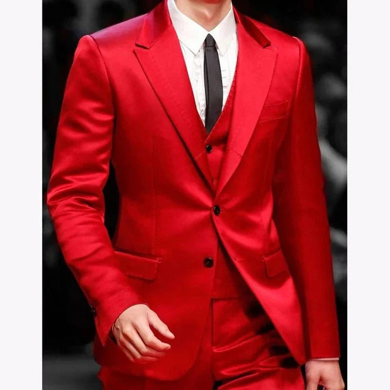 Royal blue men's slim fit 3-piece tuxedo suit for wedding or prom, with satin jacket, waistcoat, and matching pants, shown on a model.