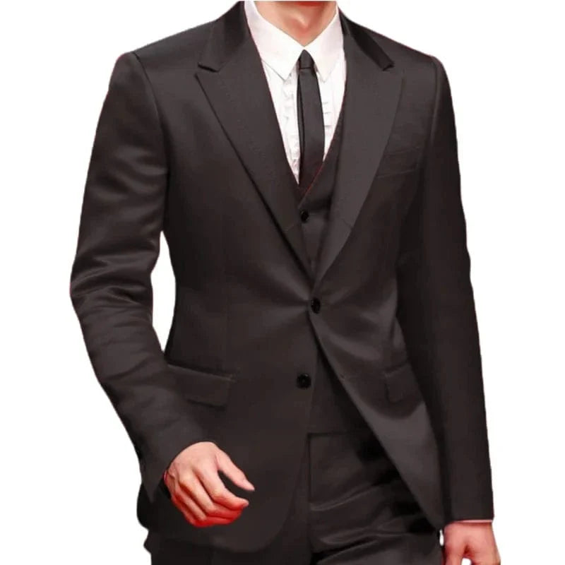Royal blue slim fit 3-piece men's tuxedo suit with satin jacket, waistcoat, and pants, ideal for wedding and prom occasions.