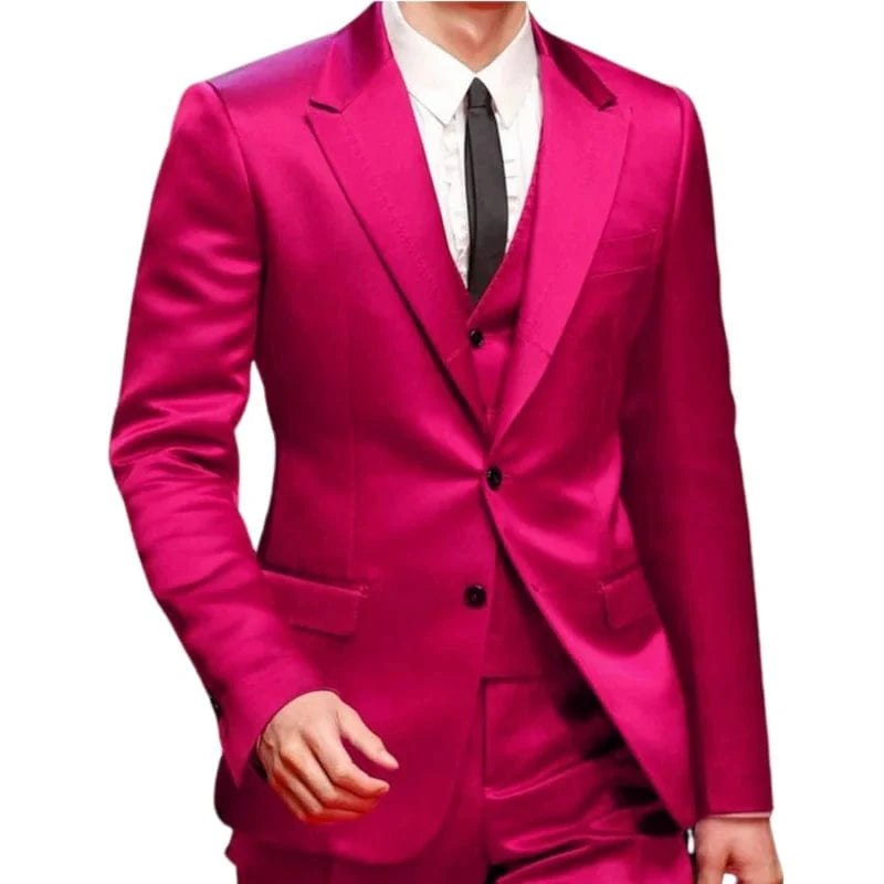 Royal blue slim fit 3-piece men's tuxedo suit with satin jacket, waistcoat, and pants, ideal for weddings and prom events.