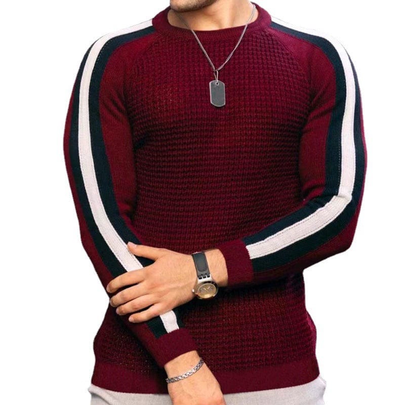 Showlu Fashion men's slim fit waffle knit long-sleeve crew neck sweater, beige color, close-up of textured fabric and fit.