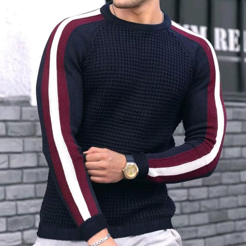 Showlu Fashion men's slim fit waffle knit crew neck long-sleeve sweater, beige color, close-up of textured fabric and fit.