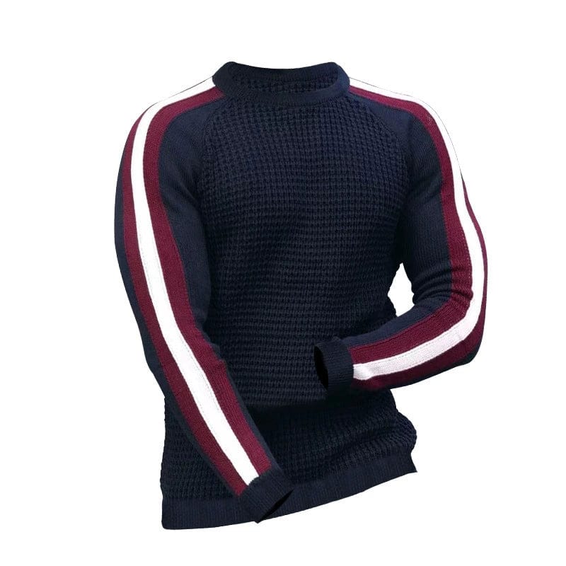 Showlu Fashion men's slim fit waffle knit long-sleeve crew neck sweater displayed on a model.