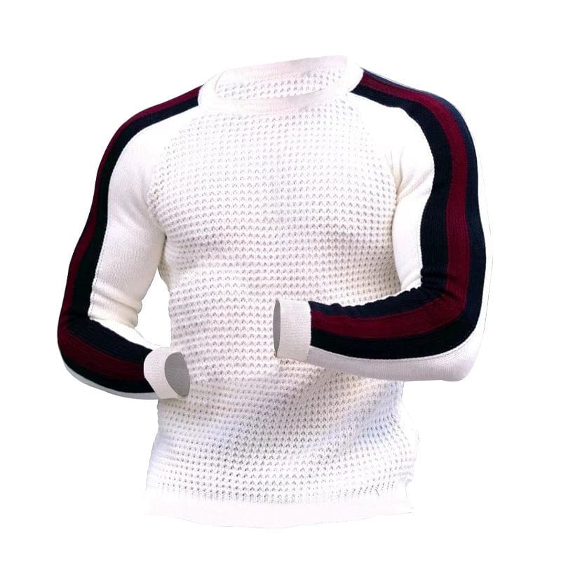 Showlu Fashion men's slim fit waffle knit long-sleeve crew neck sweater, in a cozy textured design, shown on a model.