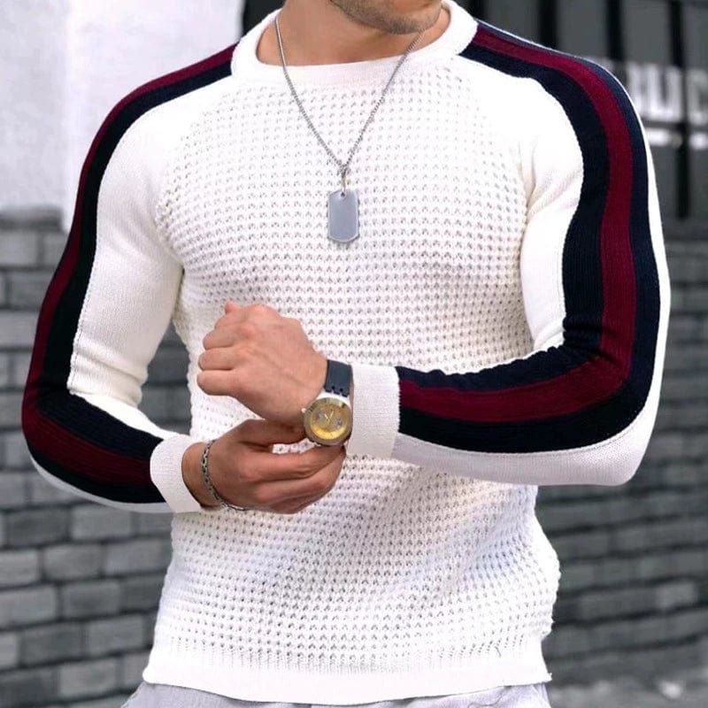 Men's slim fit waffle knit long-sleeve crew neck sweater in a neutral color, designed by Showlu Fashion.
