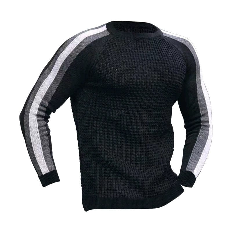 Showlu Fashion men's slim fit waffle knit long-sleeve crew neck sweater, beige color, close-up of textured fabric.