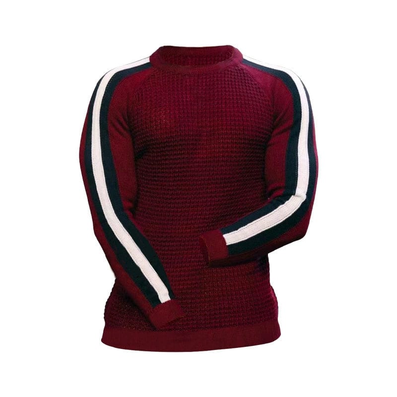 Men's slim fit waffle knit long-sleeve crew neck sweater by Showlu Fashion, featuring a textured waffle design and classic crew neckline.