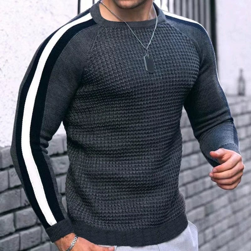Men's slim fit waffle knit long-sleeve crew neck sweater by Showlu Fashion, shown in a cozy textured design.