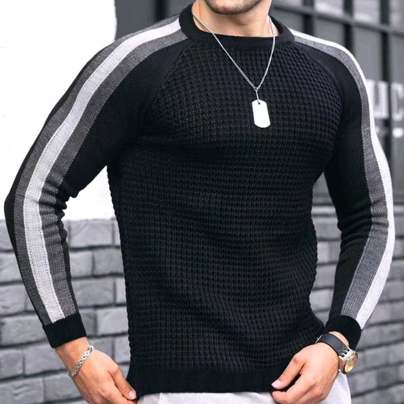 Men's slim fit waffle knit long-sleeve crew neck sweater by Showlu Fashion, featuring a textured waffle pattern and classic fit.