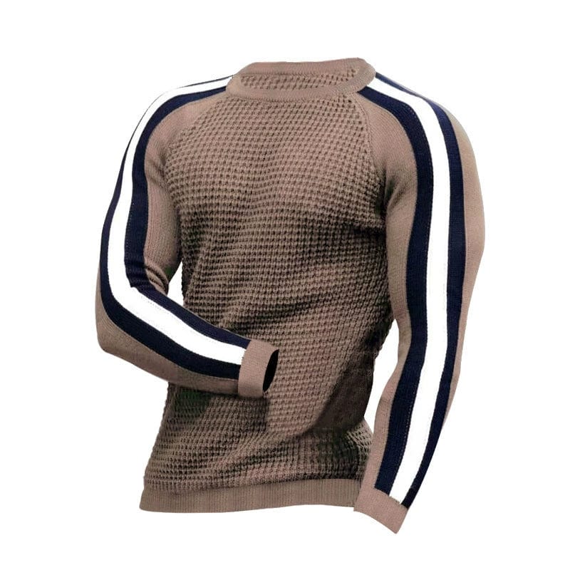 Men's slim fit waffle knit crew neck sweater by Showlu Fashion, long-sleeve design in cozy textured fabric.