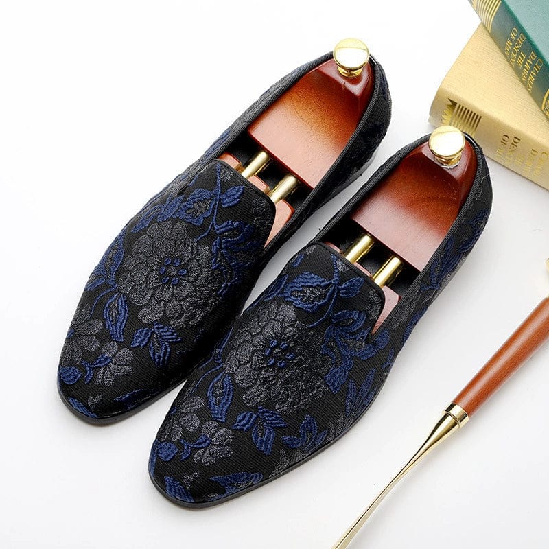 Blue embroidered cloth loafers for men, breathable slip-on shoes with stylish embroidery, ideal for casual and smart occasions.