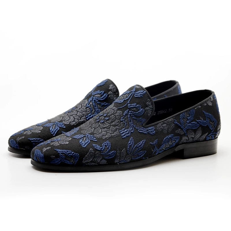 Blue embroidered cloth loafers for men with slip-on design, breathable and stylish footwear by SHOWLU FASHION STORE.