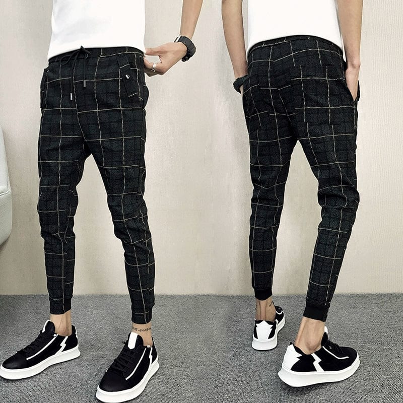 Men's slim fit plaid cropped pants by Showlu Fashion, featuring casual harem style and a modern, trendy design.