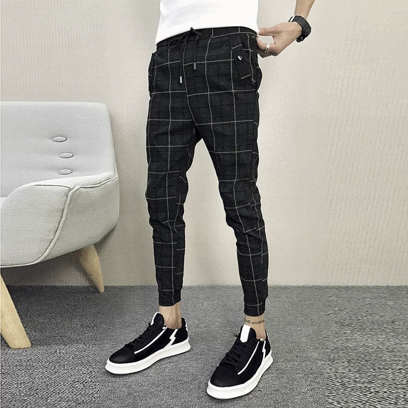 Men's slim fit plaid cropped pants in casual harem style by Showlu Fashion, featuring a modern, stylish design.