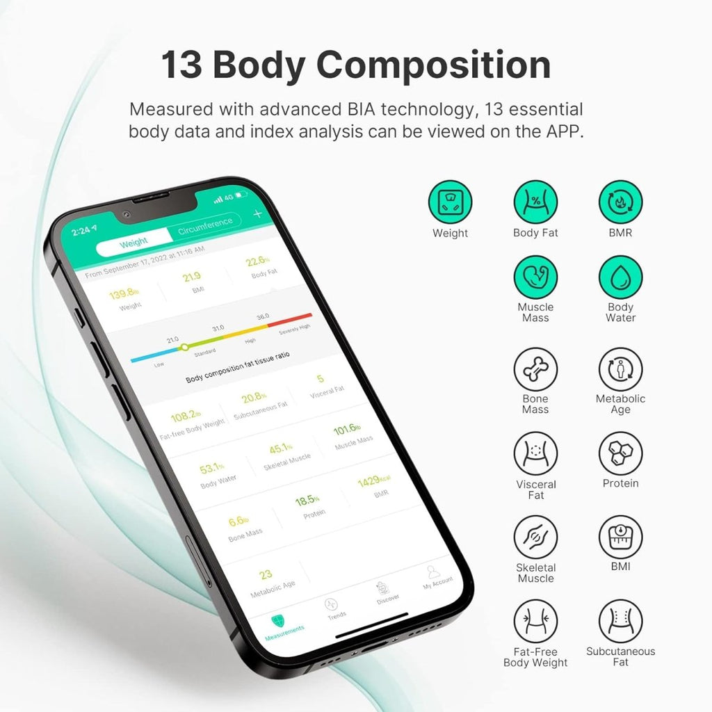 Showlu Fashion Store FITINDEX digital body fat scale with BMI, muscle mass, and 13-body composition features in white.