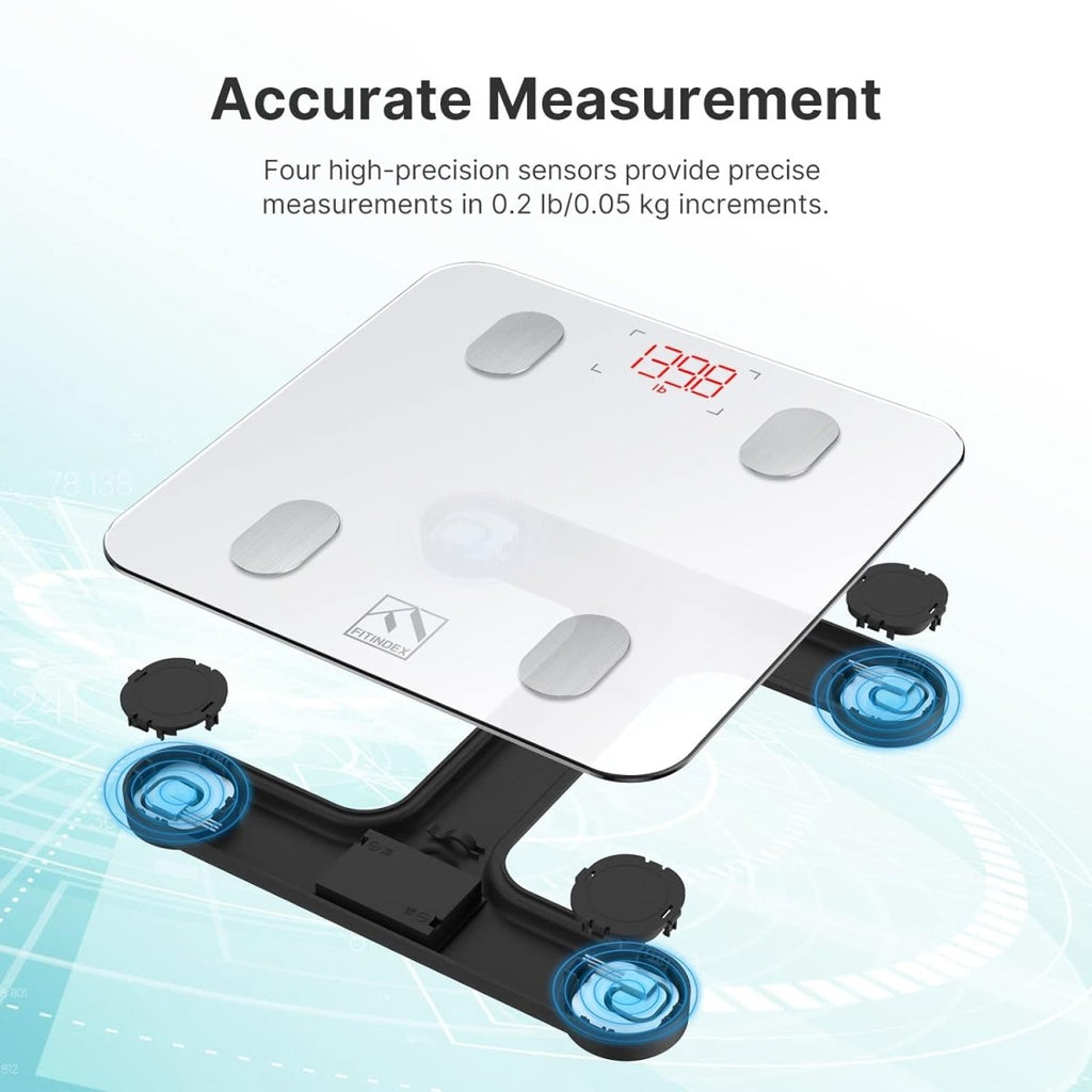 Showlu Fashion Store FITINDEX Smart Body Fat Scale with digital display, measuring weight, BMI, body fat, and muscle mass in white.