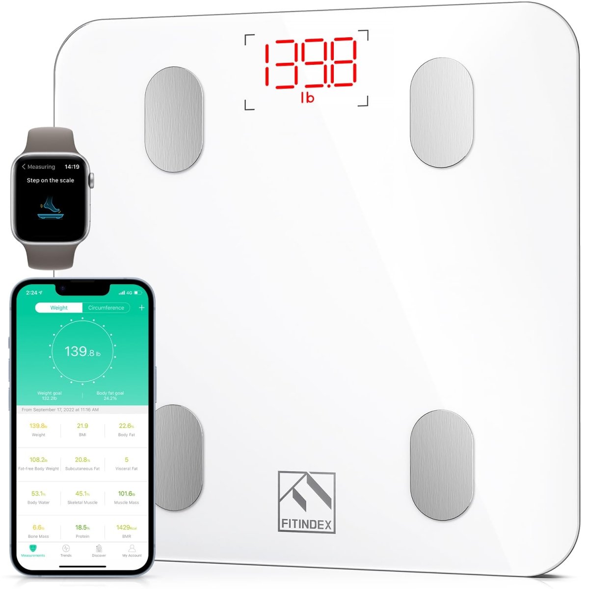 White FITINDEX Smart Body Fat Scale displaying digital readout with BMI, body fat, muscle mass, and 400lb capacity.