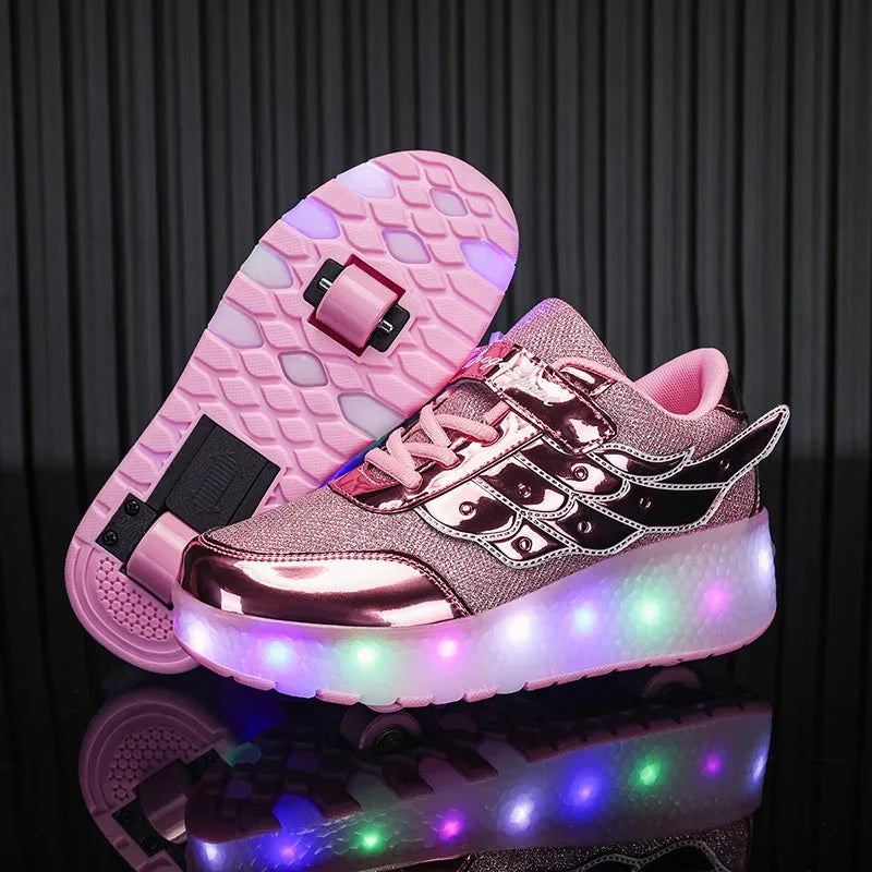 GIOIO Leather Deformation Roller Shoes by SHOWLU FASHION STORE, unisex outdoor parkour skate sneakers for children and adults.