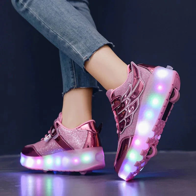 GIOIO Leather Deformation Roller Shoes by SHOWLU FASHION STORE, unisex outdoor parkour sneakers with roller skate features for kids and adults.