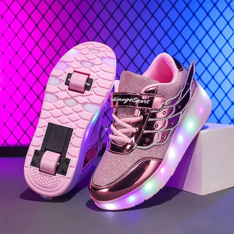 GIOIO Leather Deformation Roller Shoes by SHOWLU FASHION STORE, unisex outdoor parkour skates with dual-use design for children, teens, and adults.