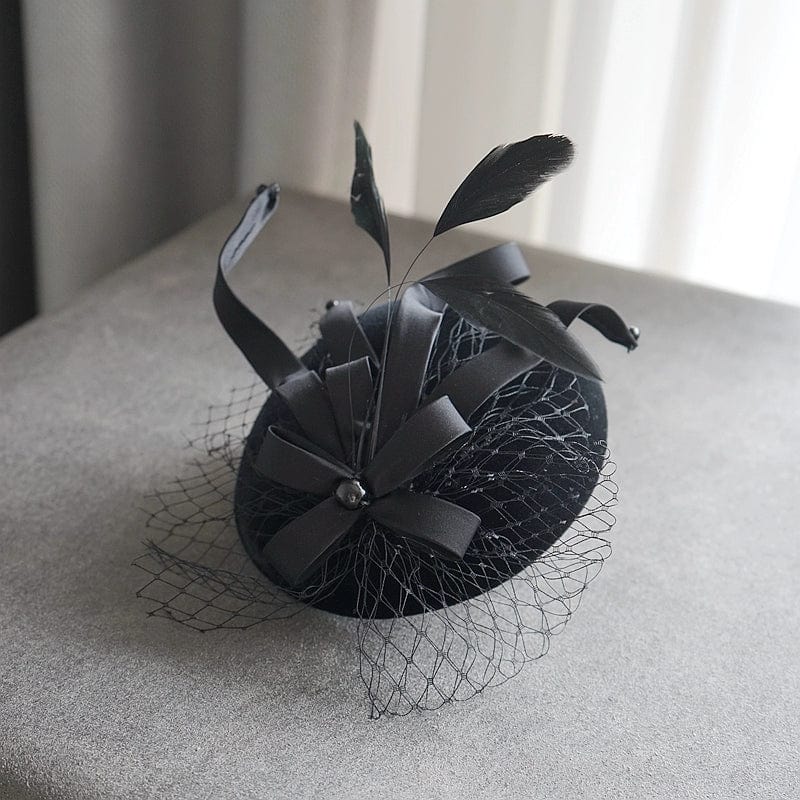 Black mesh headdress by Showlu Fashion, elegant female topper hat with intricate design, perfect for formal or traditional outfits.
