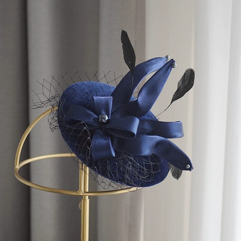 Black mesh headdress by Showlu Fashion, elegant female topper hat with socialite-style design and intricate detailing.