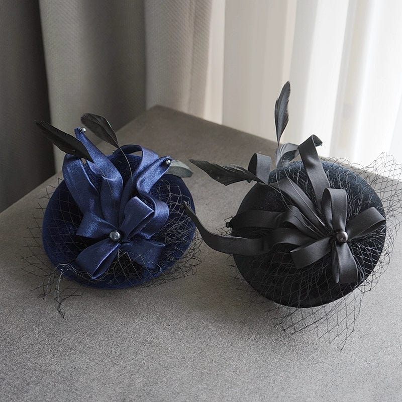 Black mesh headdress by Showlu Fashion, elegant female topper hat with intricate design, perfect for formal or fashionable occasions.