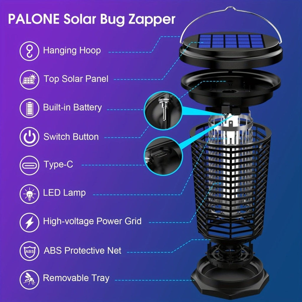Showlu PALONE solar mosquito repellent lamp with UV light and 4500V electric fly catcher, USB rechargeable and outdoor suitable