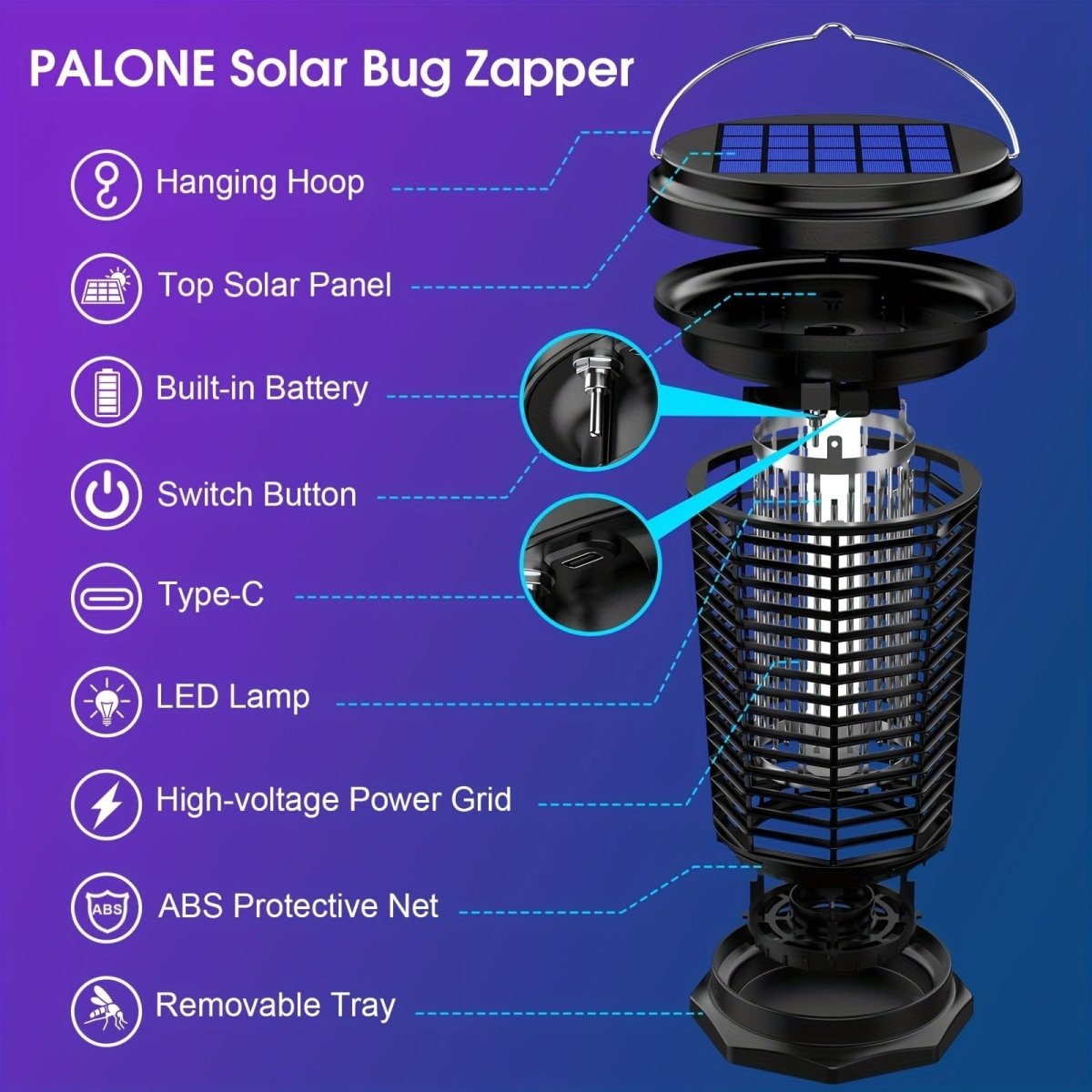 Showlu PALONE solar mosquito repellent lamp with UV light and 4500V electric fly catcher, USB rechargeable and outdoor suitable