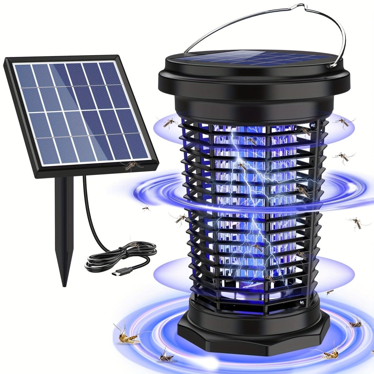 Solar mosquito repellent lamp, USB rechargeable mosquito repellent lamp with ultraviolet light, 4500V electric fly catcher, USB/solar power supply, suitable for courtyards, homes, backyards, gardens, and camping - SHOWLU FASHION STORE