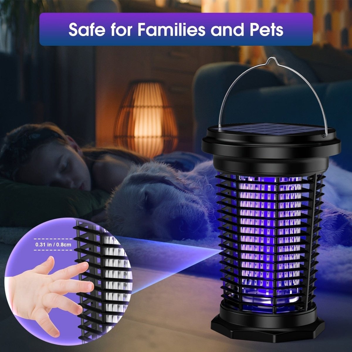 PALONE Solar Mosquito Repellent Lamp with UV light and 4500V electric fly catcher, USB rechargeable for outdoor use