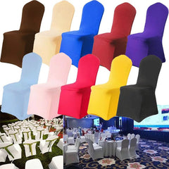 A collection of stretch spandex chair covers in various solid colors for events and banquets.