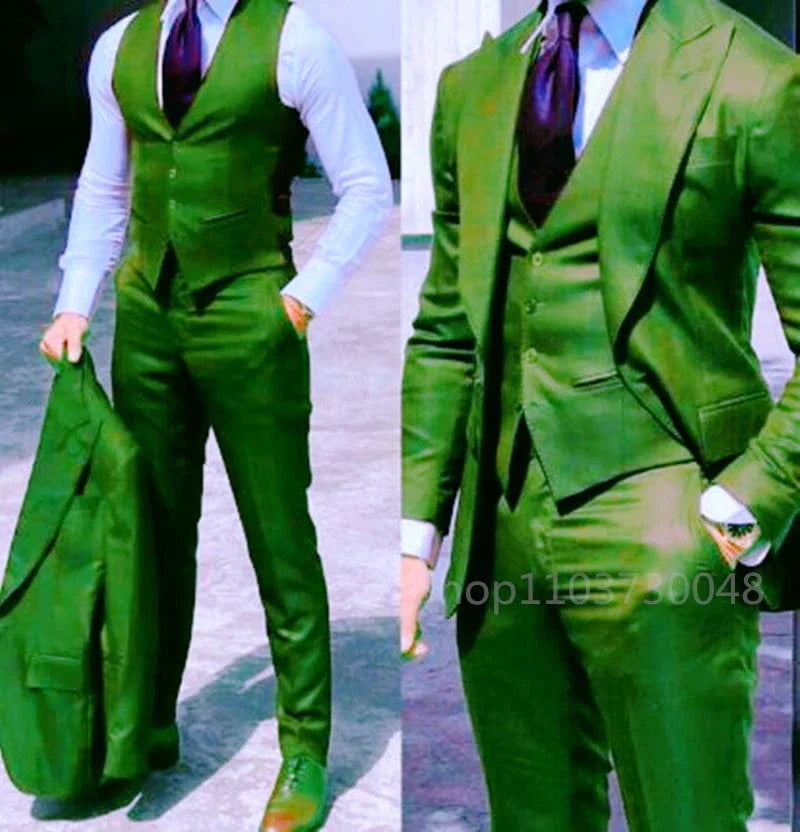Showlu Fashion men's 3-piece slim fit wedding suit with peak lapel tuxedo, including blazer, vest, and trousers, in solid color.