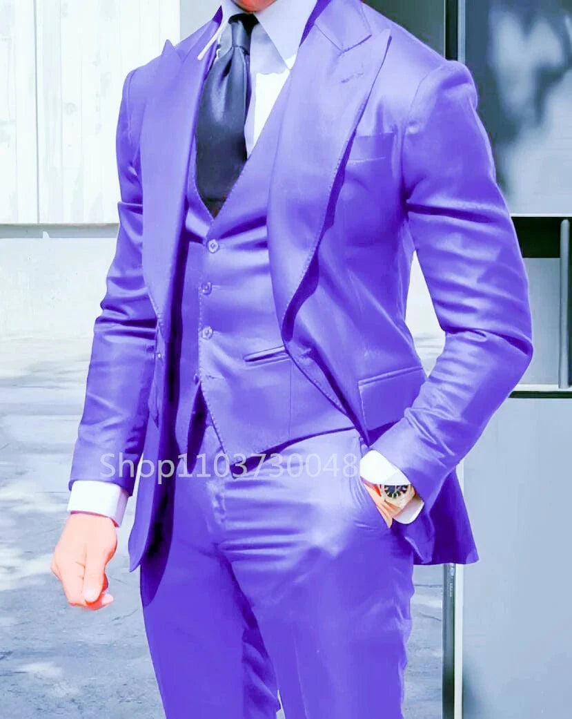 Showlu Fashion men's 3-piece slim fit wedding suit with peak lapel tuxedo, including blazer, vest, and pants, in solid color.