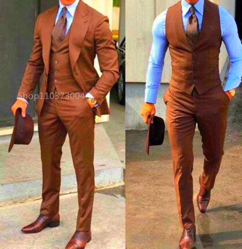 Showlu Fashion men's 3-piece slim fit wedding tuxedo with peak lapel, blazer, vest, and pants, suitable for formal occasions.