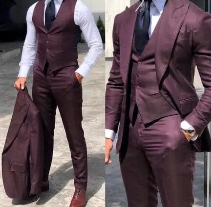 Showlu Fashion men's 3-piece slim fit wedding suit with peak lapel tuxedo, blazer, vest, and pants in solid color.