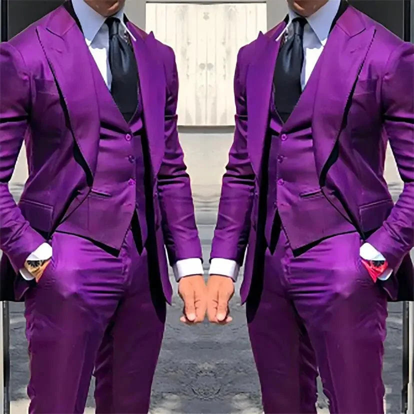 Showlu Fashion men's 3-piece slim fit wedding suit with peak lapel tuxedo, including blazer, vest, and pants, in solid color.
