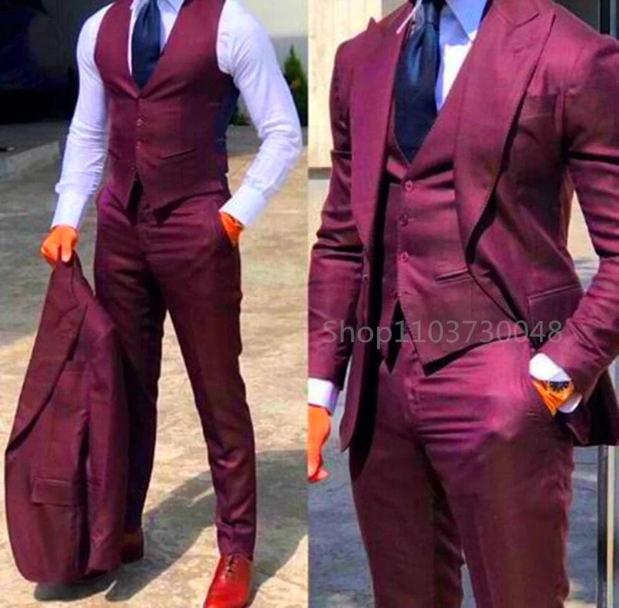 Men's 3-piece slim fit wedding suit by Showlu Fashion, featuring a peak lapel tuxedo with blazer, vest, and pants in solid color.