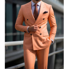 Solid Color Suits for Men Double Breasted Peak Lapel Regular Length Formal Outfits Prom Full Set Luxury 2 Piece Jacket Pants - SHOWLU FASHION STORE