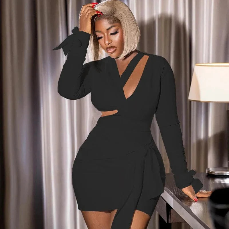 Elegant black Tide Pavilion V-Neck Bodycon Mini Dress by SHOWLU FASHION with long sleeves, cut-out details, ruching, and backless design.