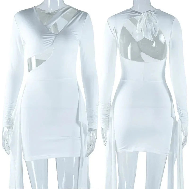 SHOWLU FASHION STORE Tide Where Pavilion V-Neck Bodycon Mini Dress with long sleeves, ruched design, and backless cut-out for party wear.