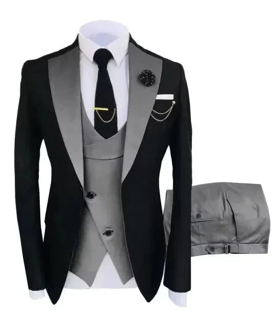 SHOWLU Men's 3-piece slim fit suit with notch lapel tuxedo jacket, vest, and trousers, ideal for weddings and formal occasions.