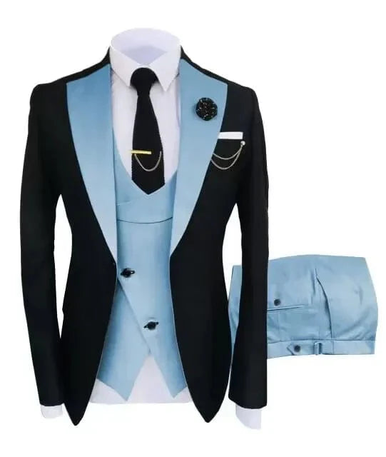 SHOWLU Men's 3-piece slim fit suit with notch lapel tuxedo jacket, vest, and trousers for wedding or formal occasions.