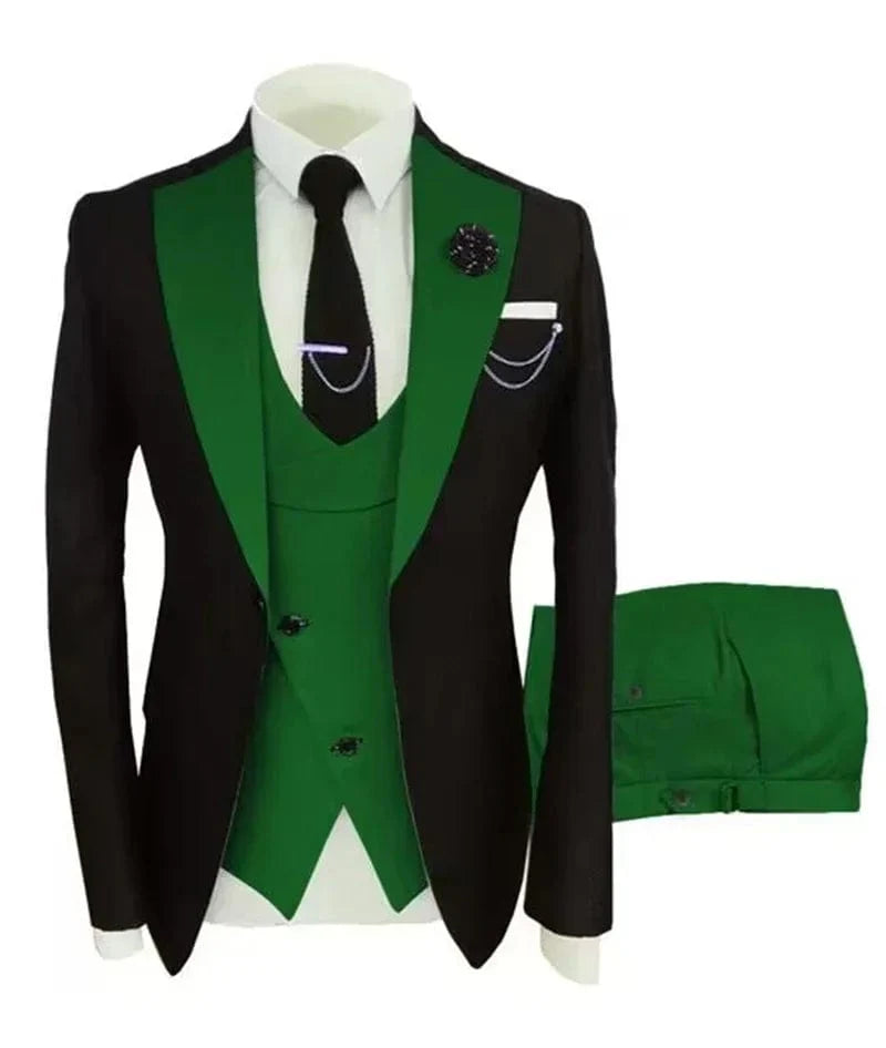 SHOWLU Men's 3-piece slim fit suit with notch lapel, jacket, vest, and trousers, ideal for wedding or formal occasions.