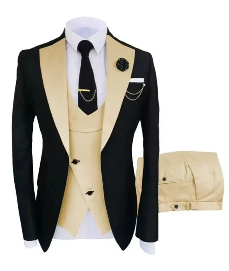 SHOWLU Men's 3-piece Slim Fit Suit with notch lapel, jacket, vest, and trousers, ideal for formal, wedding, or business occasions.