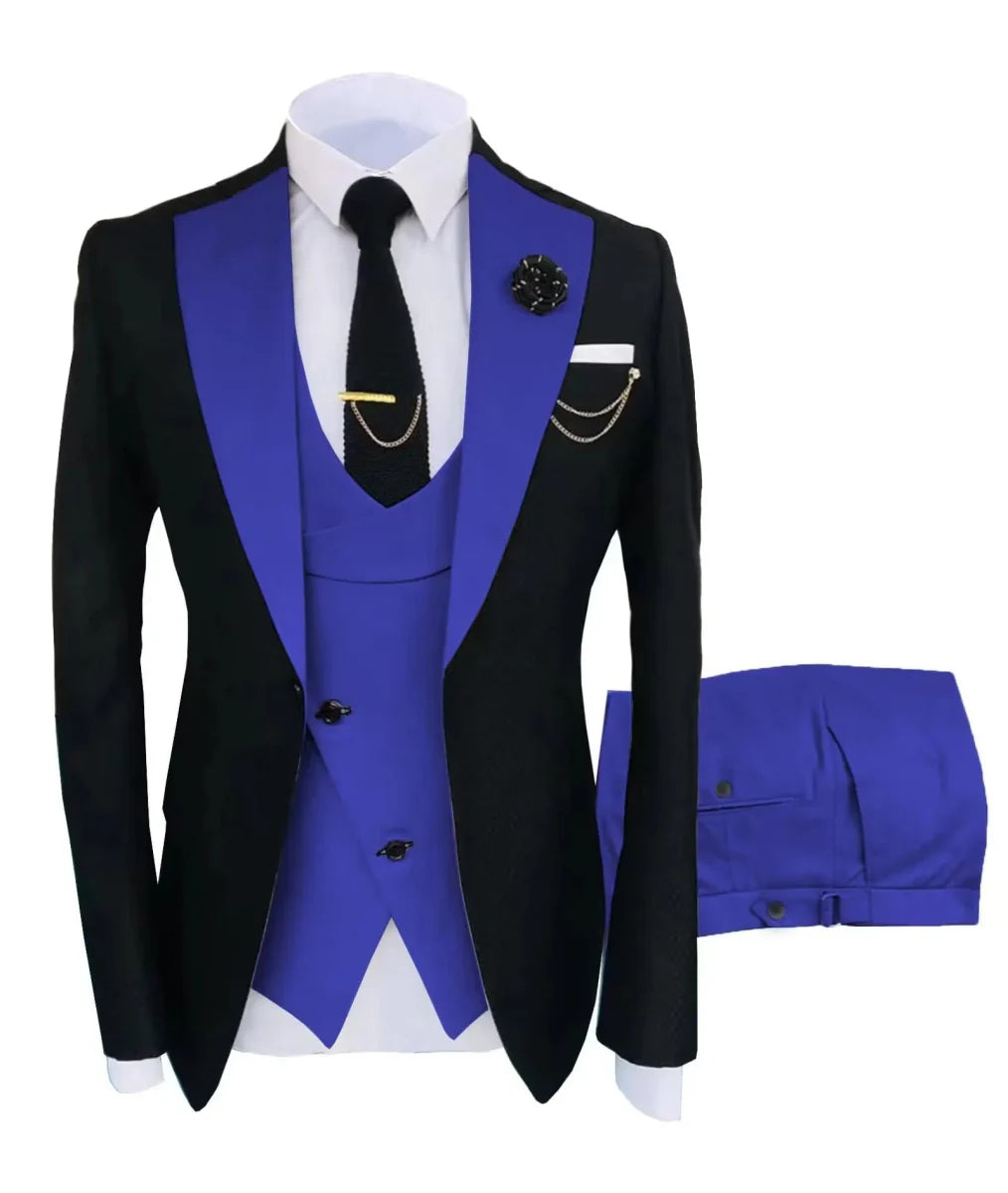 SHOWLU Men's 3-piece slim fit suit with notch lapel tuxedo jacket, vest, and trousers for wedding or formal occasions.